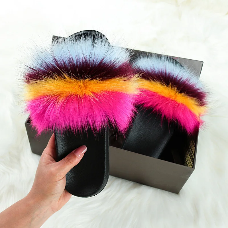 

Factory Wholesale Hot Sells Fashion Indoor Flat Fluffy slippers Multi-color Imitation Faux Rabbit Fox Fur Sandals