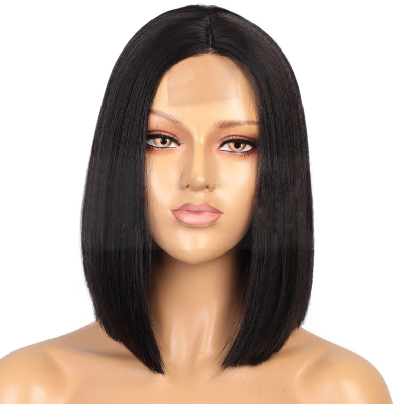 

Top seller smooth and soft black synthetic wig supplier synthetic 12 inch short Bob wig Lace front wigs for women, Black color