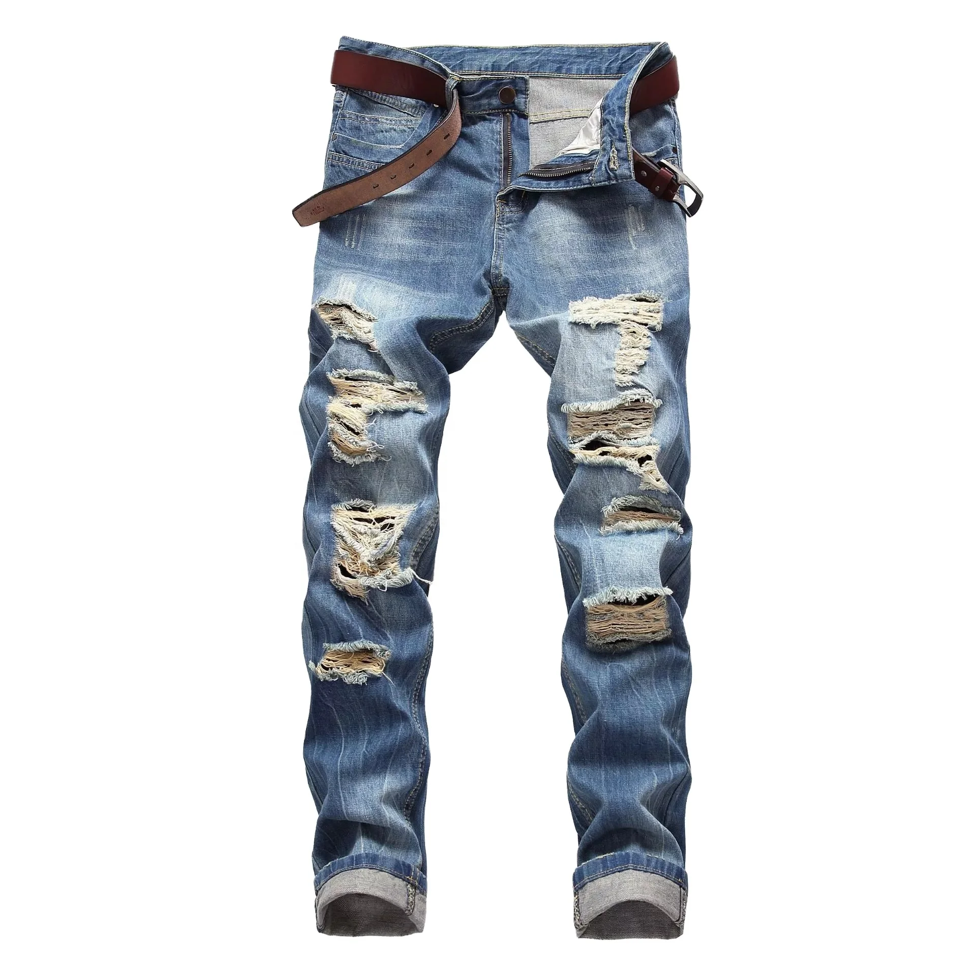 

Factory Wholesale distressed ripped jeans Men's monkey washed denim trousers, Light blue'/customize