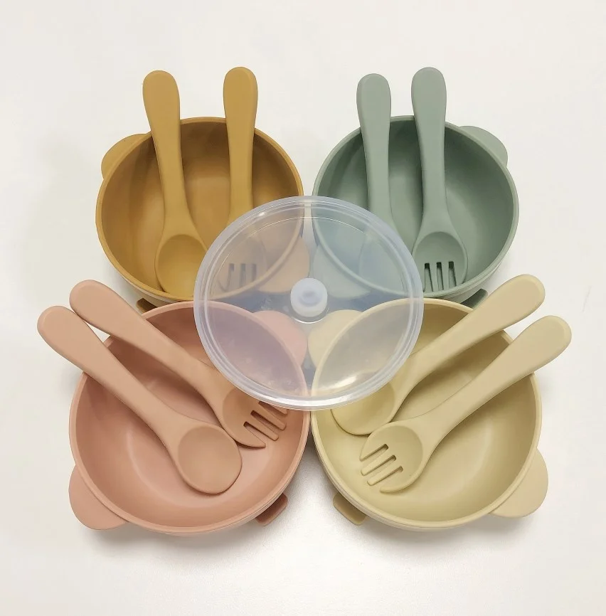 

Wholesale Food Grade Soft Silicone Bowl set Training Babies Fork and Spoon Suction Bowl with Lid Silicone Bebe Feeding Set, Blush/sage/beige/mustard