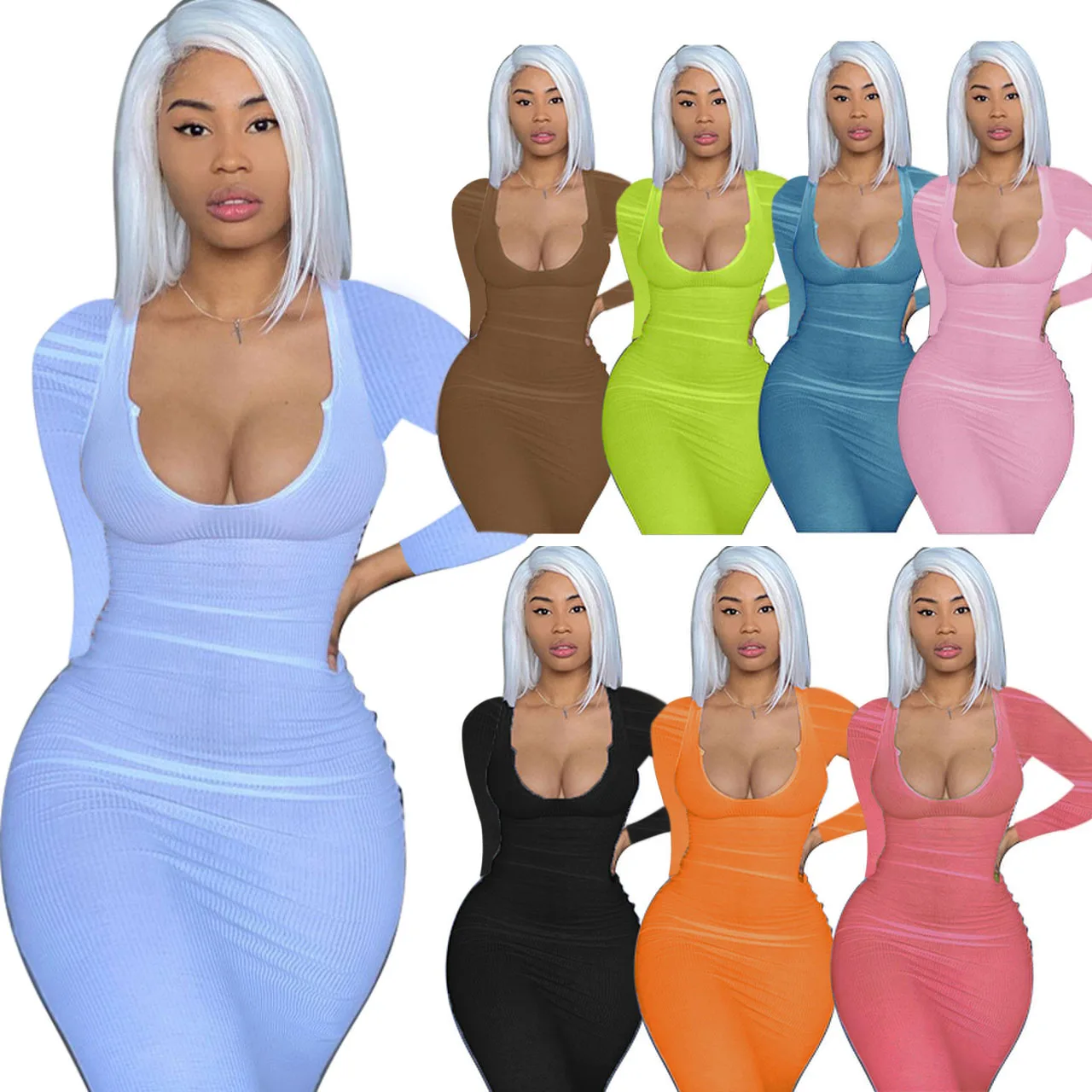 

2021 fall women long sleeve V-neck vestir Rib dress solid casual bodycon long Skirt maxi dress autumn Sexy corset dress, Photo color
