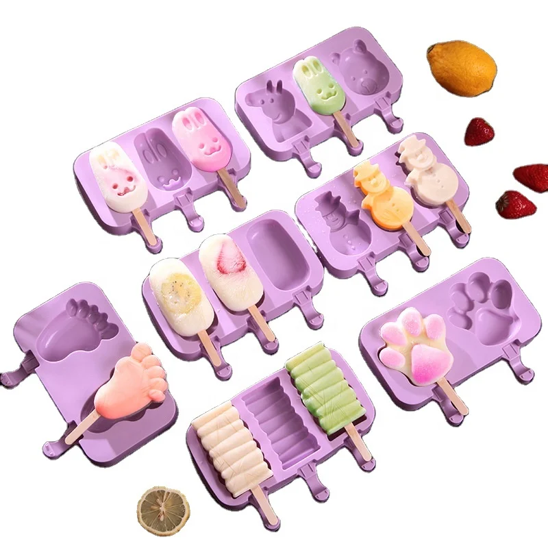 

Wholesale Factory Price DIY Silicone Ice Cream Mold 3 Cavity Food Grade Silicone Ice Cream Mold With Free Sticks, Purple