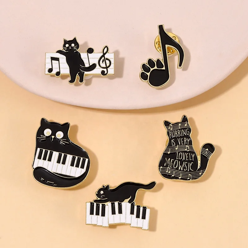 Black Cat Music Enamel Pin Animal Cute Musical Instrument Notes Piano Brooch Badge Friends Gift Wholesale Backpack Accessories