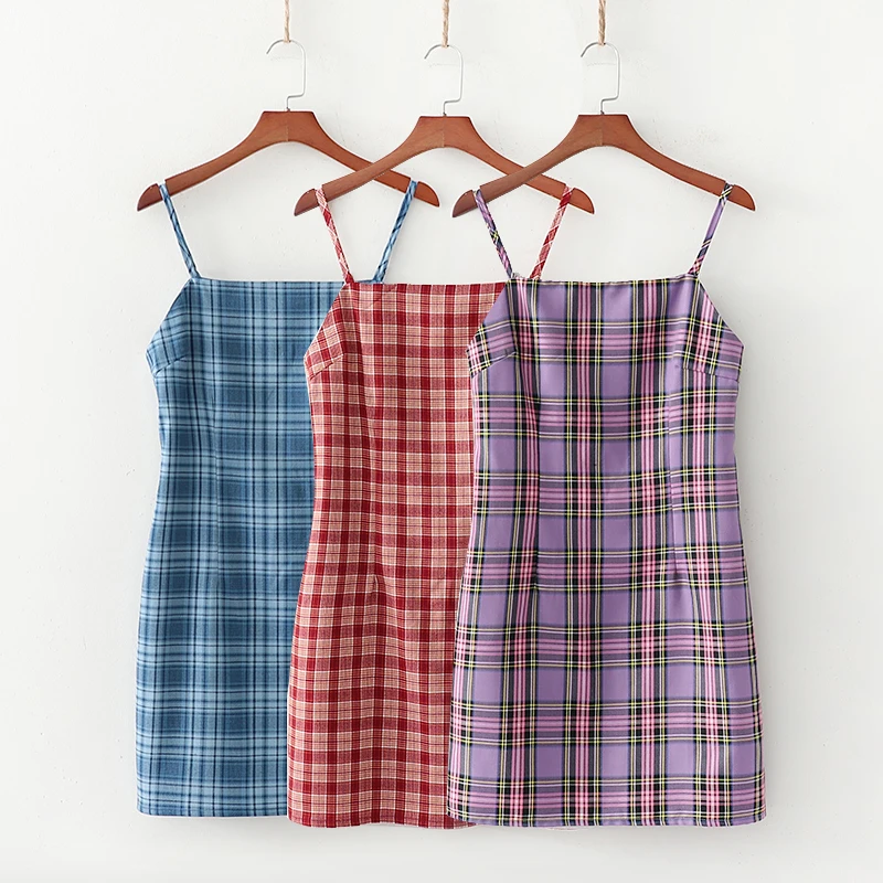 

Preppy style plaid color spaghetti strap cute slim fit women casual summer mini dresses