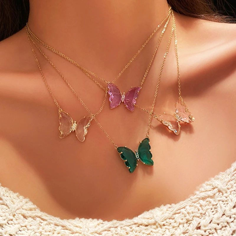 

17KM colorful glass gold plated necklace crystal butterfly pendant necklace for women girls