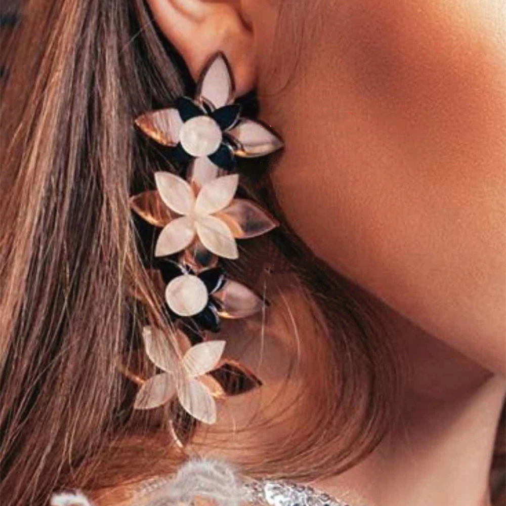 

JUHU Original Mirror Flower Type Exaggeration Long Fashionable Acrylic Stud Earrings For Women Classic Long Jewelry, Colorful