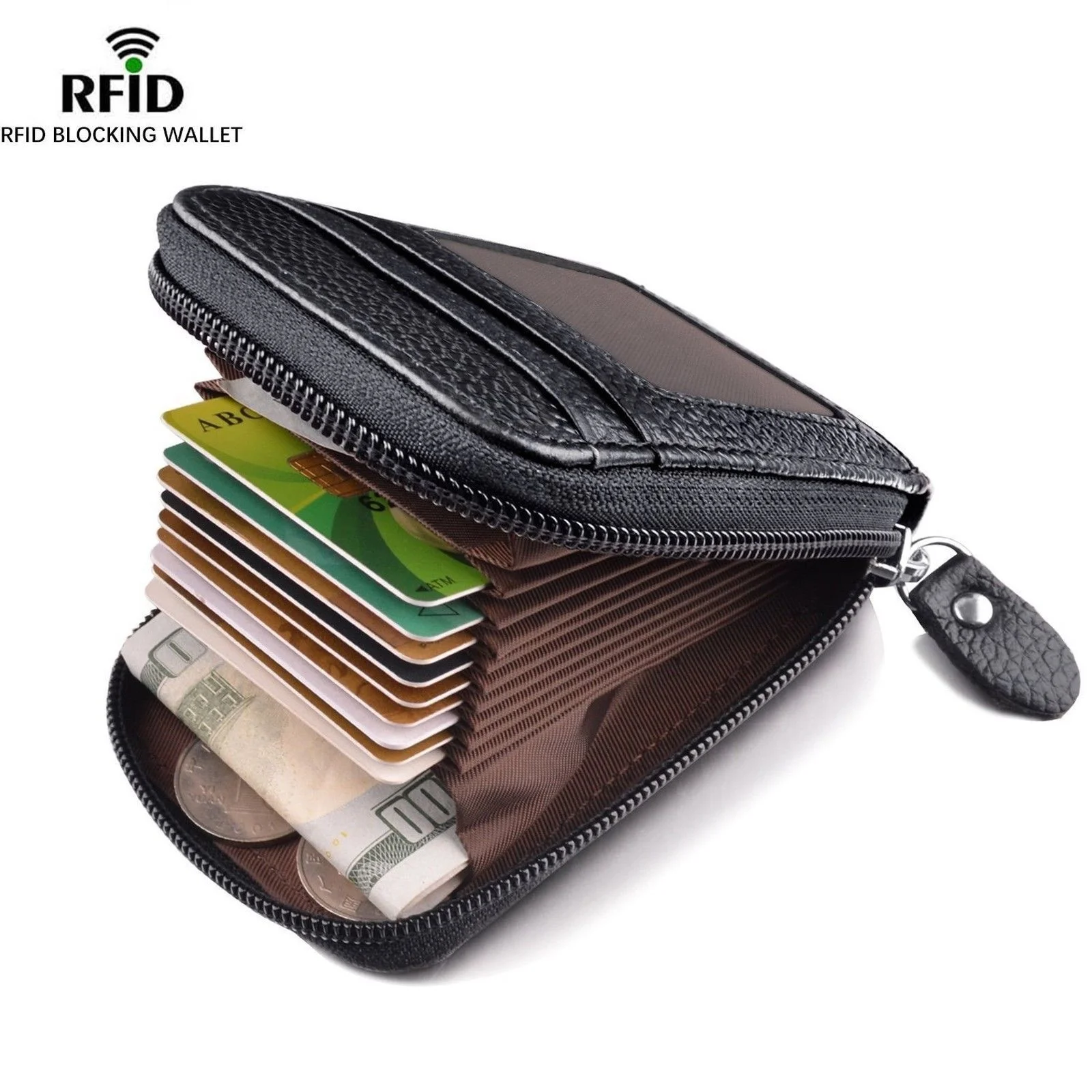 

Wholesale Retro Black 9 Card Slots Zipper Pocket Accordion Leather Credit Card Holder Rfid Blocking Men Bag Wallet, 1 colors