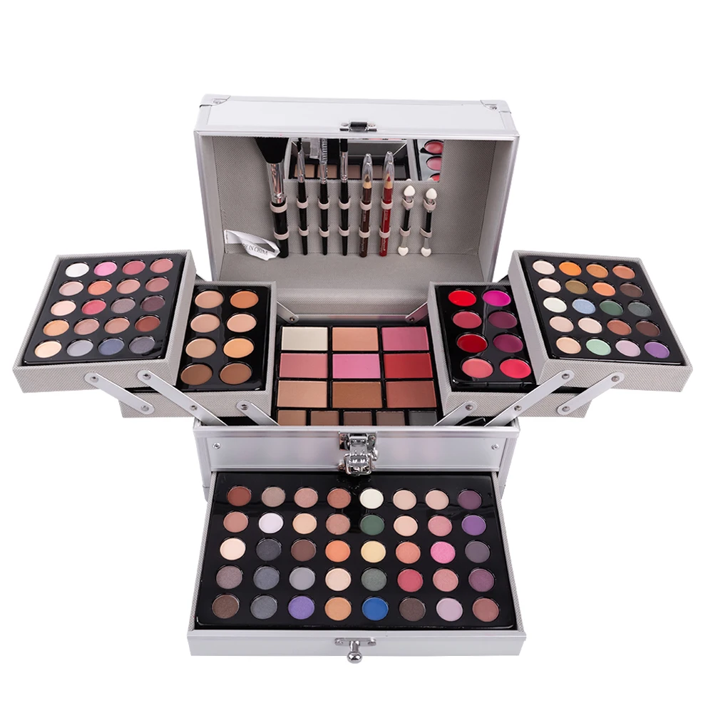

Cosmetic Gift Kit Glitter Eyeshadow Palette Set Women Lip Gloss Concealer Blush Multifunction Makeup Aluminum Box