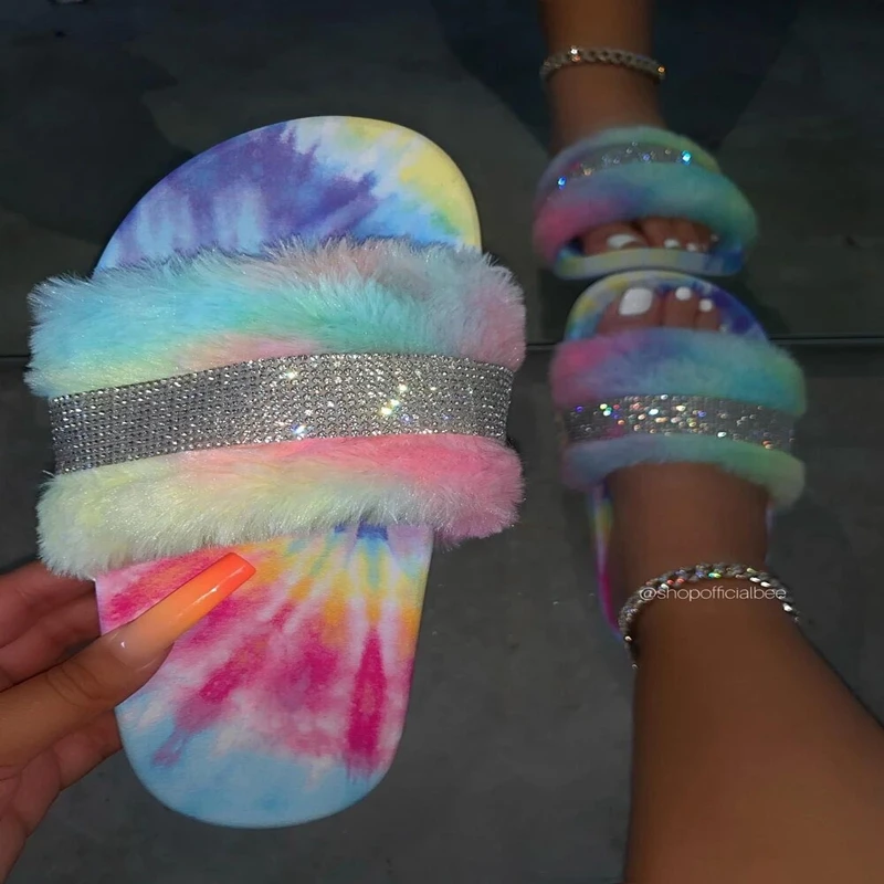 

New Fur slippers with diamond Women's faux fur Flat shoes Outdoor Home Platform women's sandals