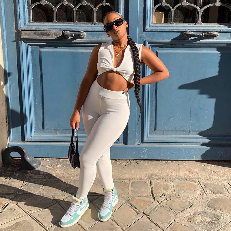 

Summer Sexy Casual Solid Color Outfit Clothes Deep V Tight Women Two Piece Pants Set