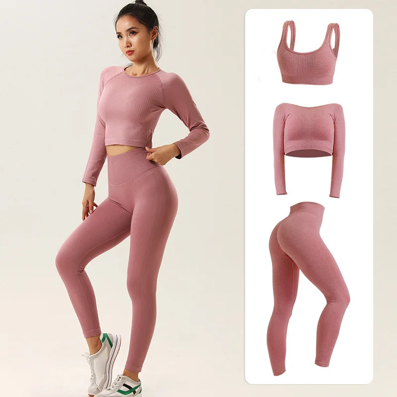 

Women Fitness Active Wear Sets Ribbed Gym Workout Outfit Sexy Long Sleeve Leggings 3 Piece Seamless Yoga Set, Can be customized as pantone no.