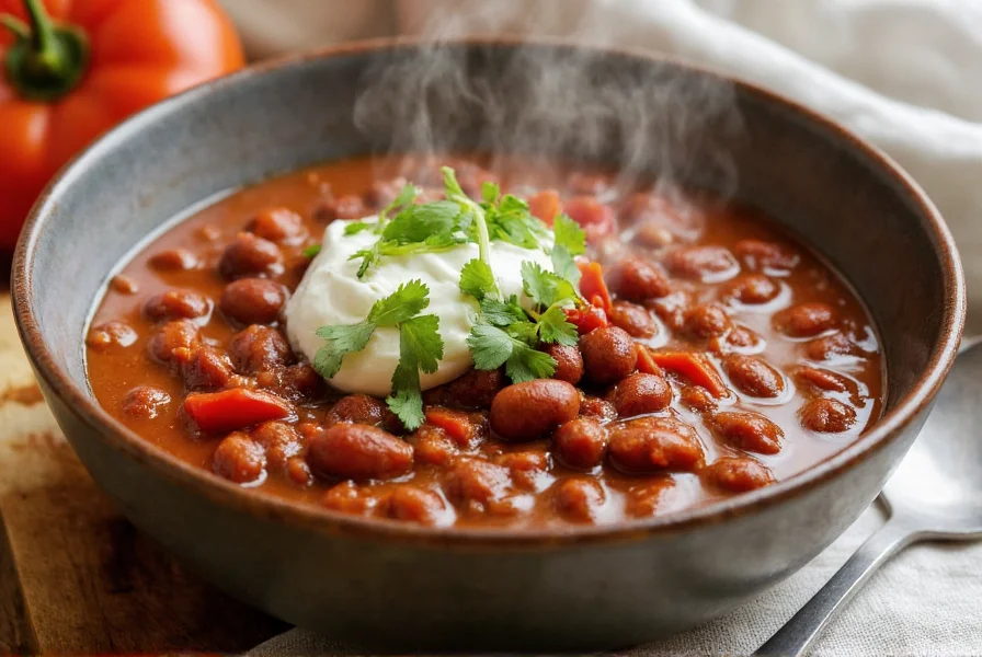 Steaming bowl of homemade chili with dried beans topped with fresh cilantro and sour cream