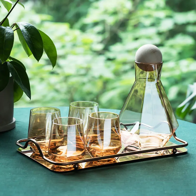 

3 color diamond shape glass water sets with wooden ball lid 1 jug 6 cups