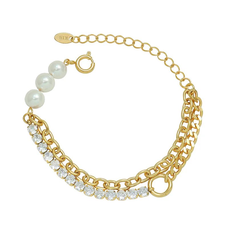 

Dr. Jewelry 2022 Ins Simple Style 18K Gold Plated Stainless Steel Imitation pearl 2 Layered Mix Zircon Link Chain Women Bracelet, Picture shows