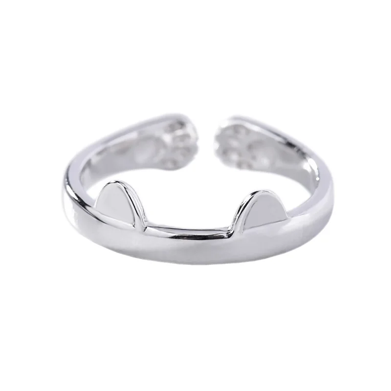 

925 Sterling Silver Cat Ear Finger Ring Open Design Cute Fashion Jewelry for Women Girl Child Gift Adjustable Ring Wholesale, Gold, silver