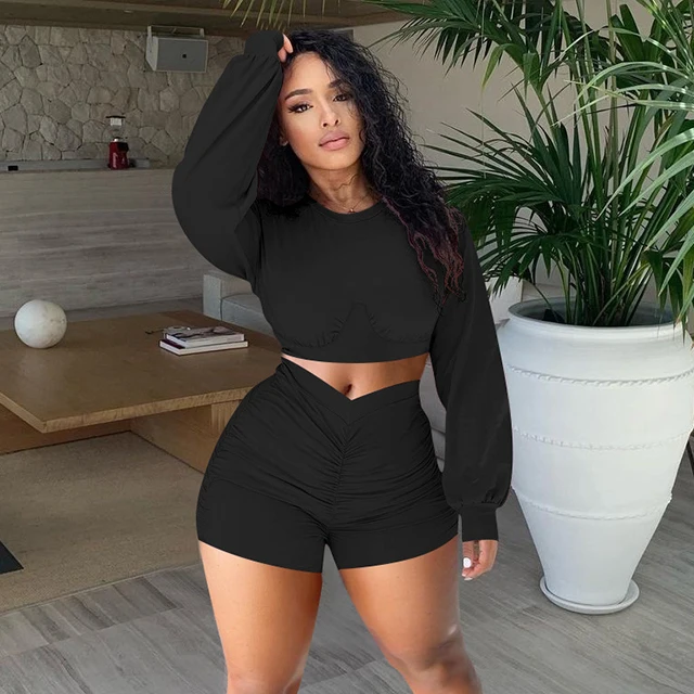 

Two Piece Set Women 2021 Spring Casual Gym Jogger Outfits Simple Pure Color Long Sleeve Crop Top Short Set, Multi colors