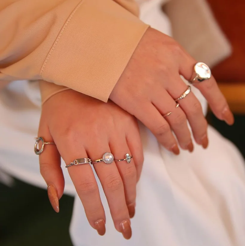 

9PCS Newest Arrival 18k Gold Plated Natural Pearl Ring Set Geometric CZ Palm Band Rings