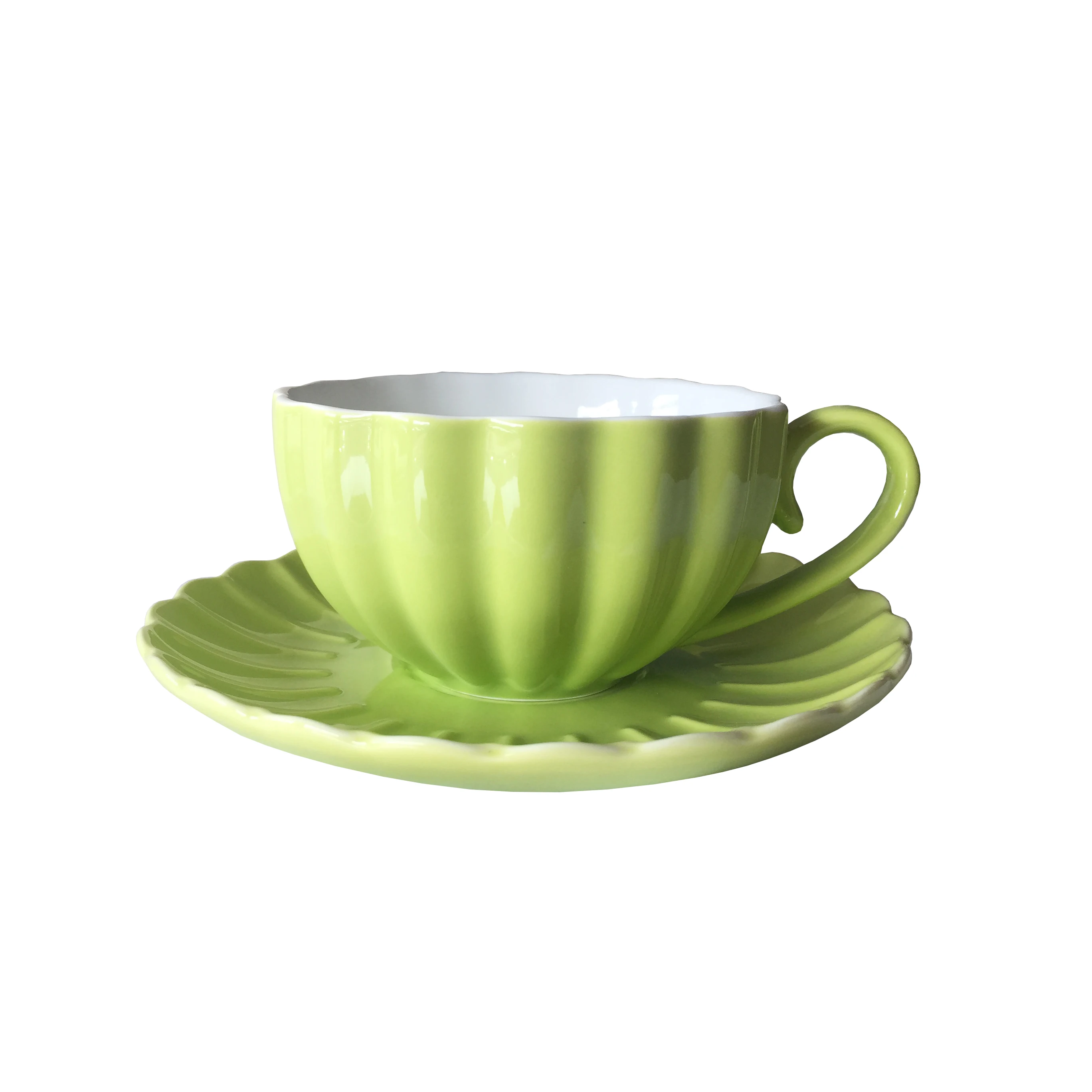 

Amazon hot selling English style pumpkin tea cup and saucer british coffee cup set, Pink,blue,green,red,purple,yellow,etc/customized