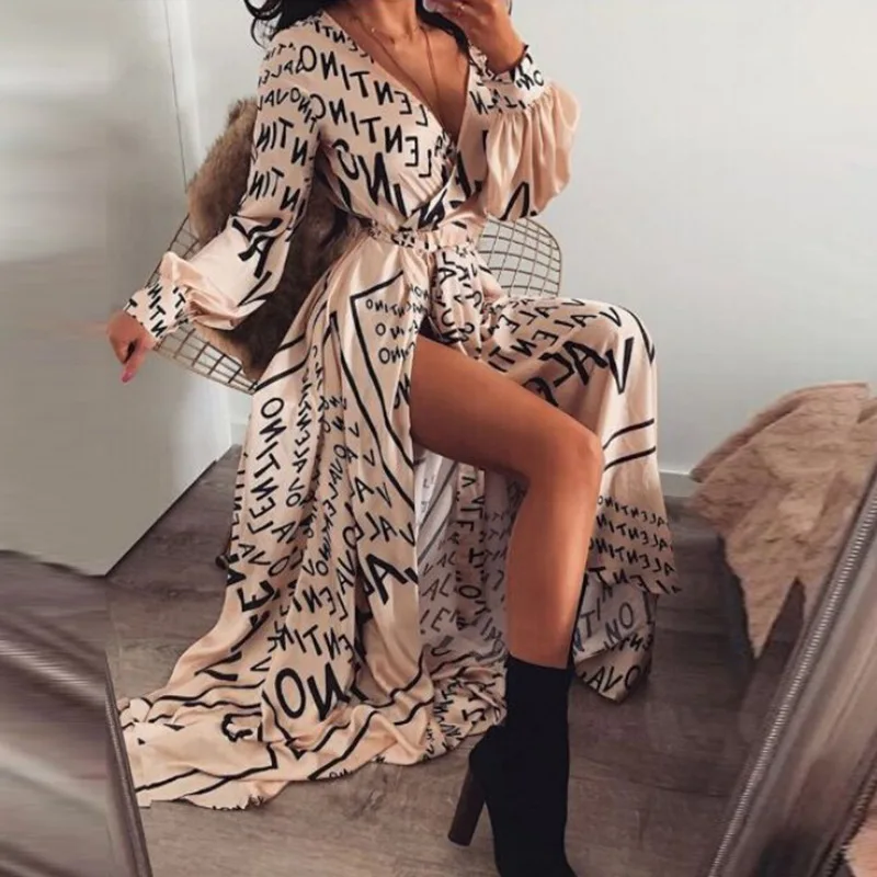 

New Women Letter Print Sexy V-Neck High Waist Thigh Slit Maxi Dress Long Sleeve Elegant Boho Beach Dress Casual Long Dresses