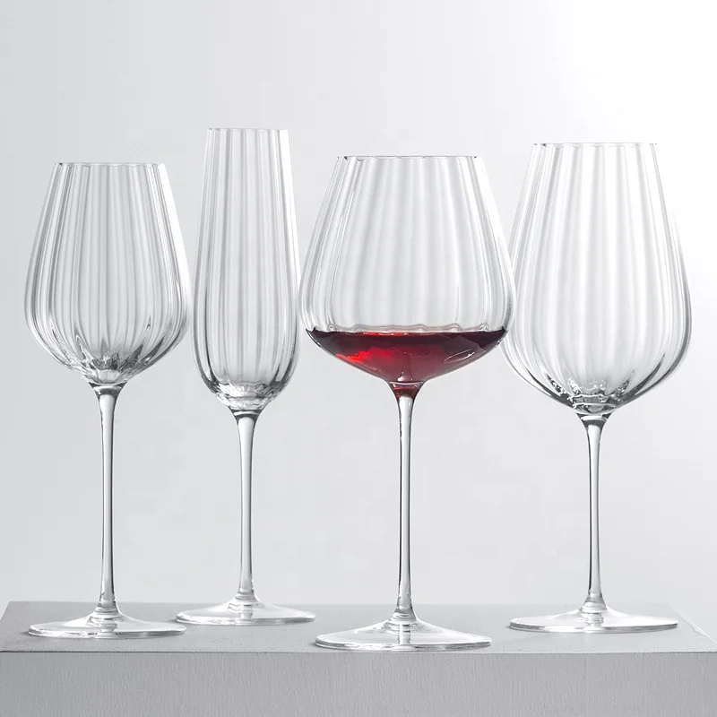 

Europe Style Handmade Customized Ripple Crystal Luxury Romantic Red Wine Glasses Ripple Stripe Champagne Flutes White Wine Glass, Transparent clear gold rim