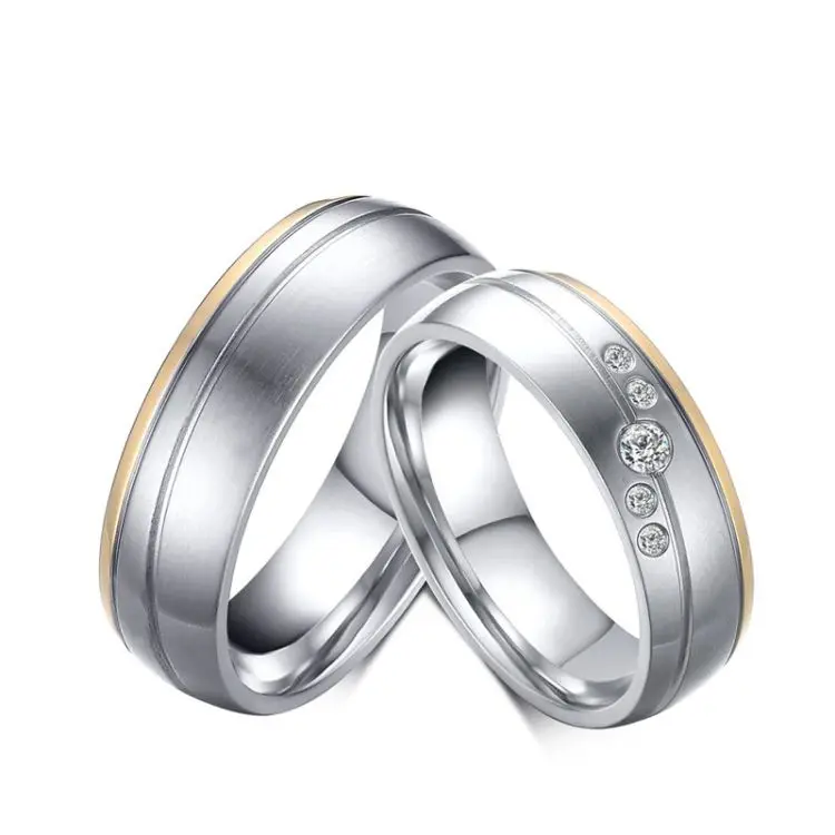 

6mm zircon phnom penh brushed couple engagement custom stainless steel wedding ring set couple vintage, Gold edge