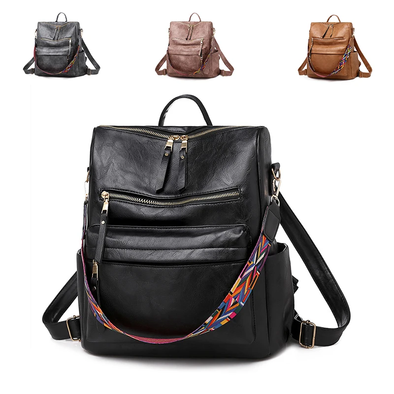 

HOT SELLING Custom Fashion PU Leather Black Ladies Bags Girls Back Pack Bag Large Capacity Woman Backpack with Strap, 20 colors
