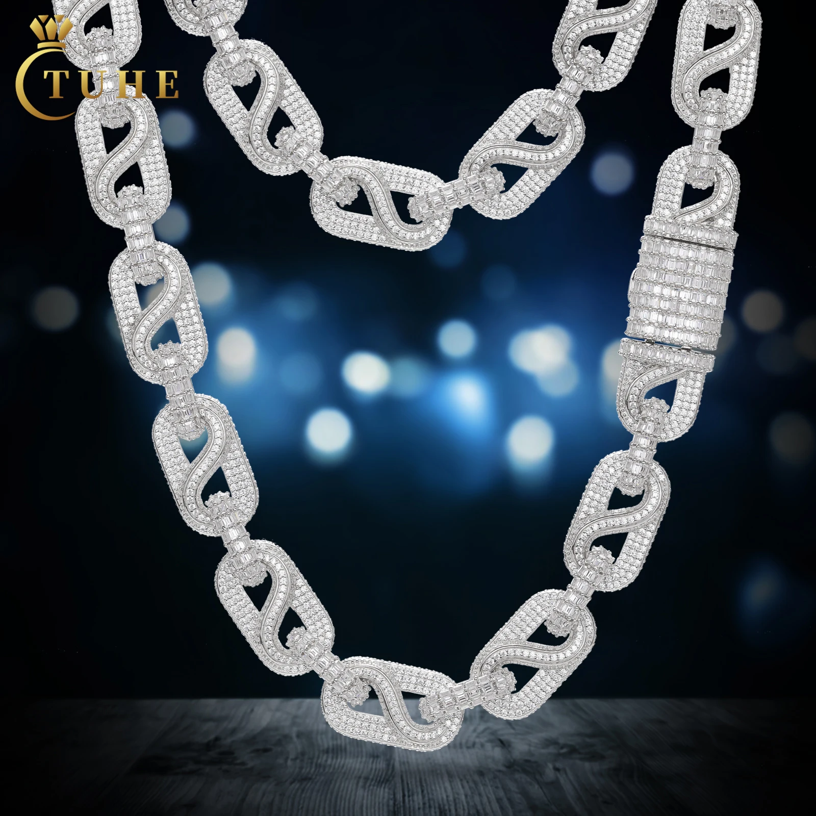 

Jewelry Source Factory 14mm 925 Sterling Silver 6A VVS Baguette Moissanite Diamond Iced Out Bussdown Cuban Link Chain Necklace