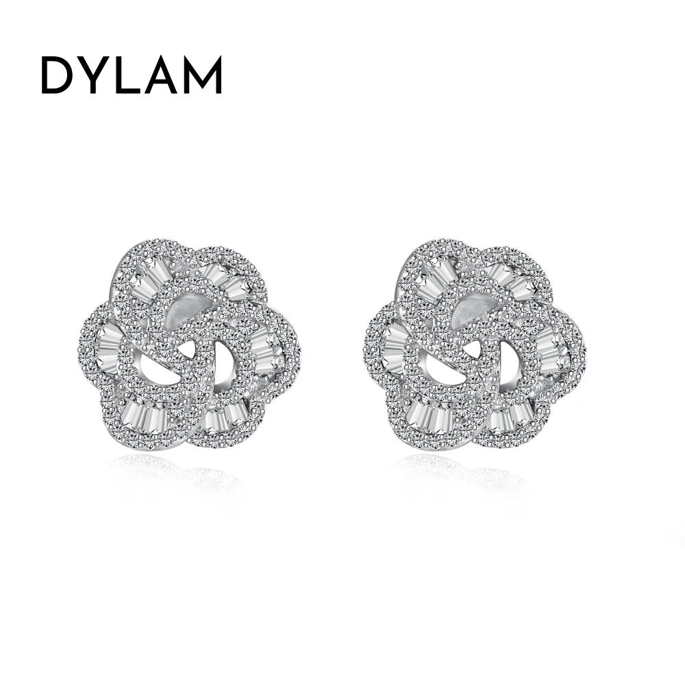 

Dylam Sweet Colorful Fine Jewelry S925 Silver Rhodium Plated Flower Shape Eternity Baguette 5A Cubic Zirconia Stud Earrings