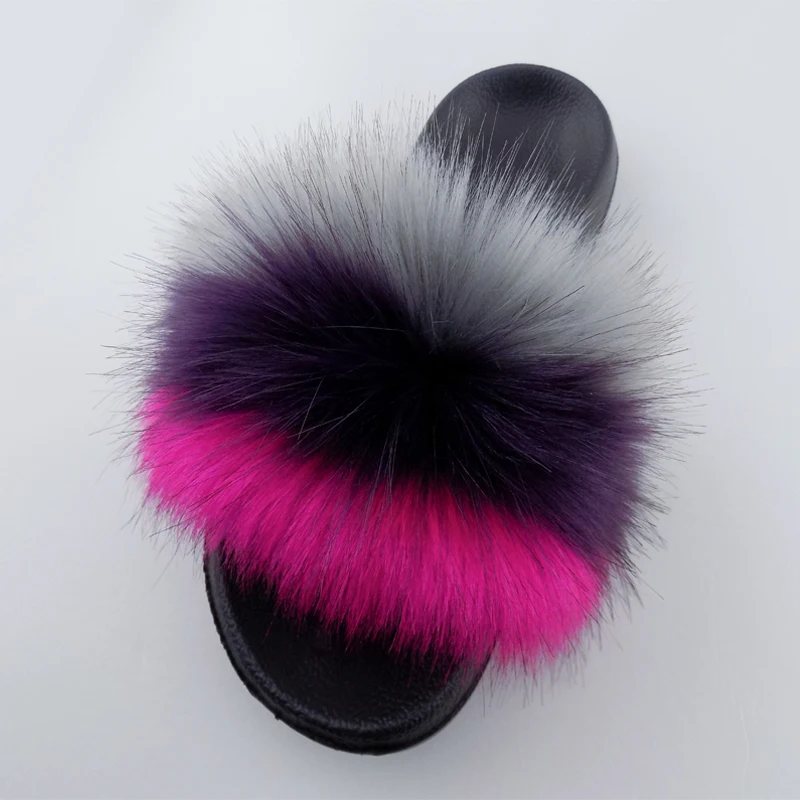 

New Design fox fur slipper rainbow fur slippers, 17 colors