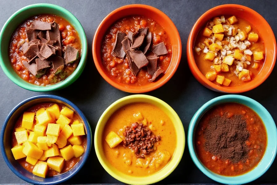 Five unusual chili recipes in colorful bowls with unique ingredients visible including chocolate shavings, diced mango, and coffee grounds