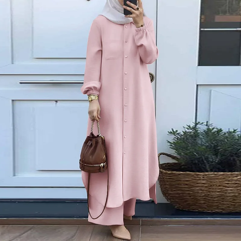 

Hot selling islamic clothing muslim casual women's mushroom button long sleeved jilbab khimar 2 piece set abaya women dress