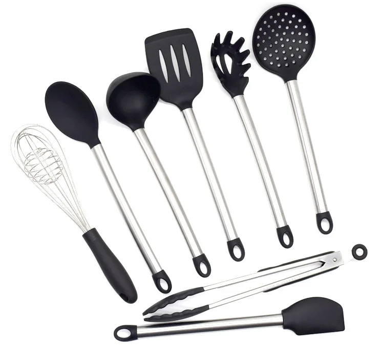 

Food Grade Kitchen Cooking Utensil 8PCS Silicone Utensil Set Stainless Steel Handle Durable Baking Utensil Include Spatula Scoop, Black