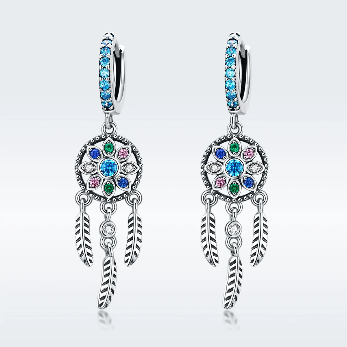

blue stone dream catcher feather tassel silver drop earrings jewelry