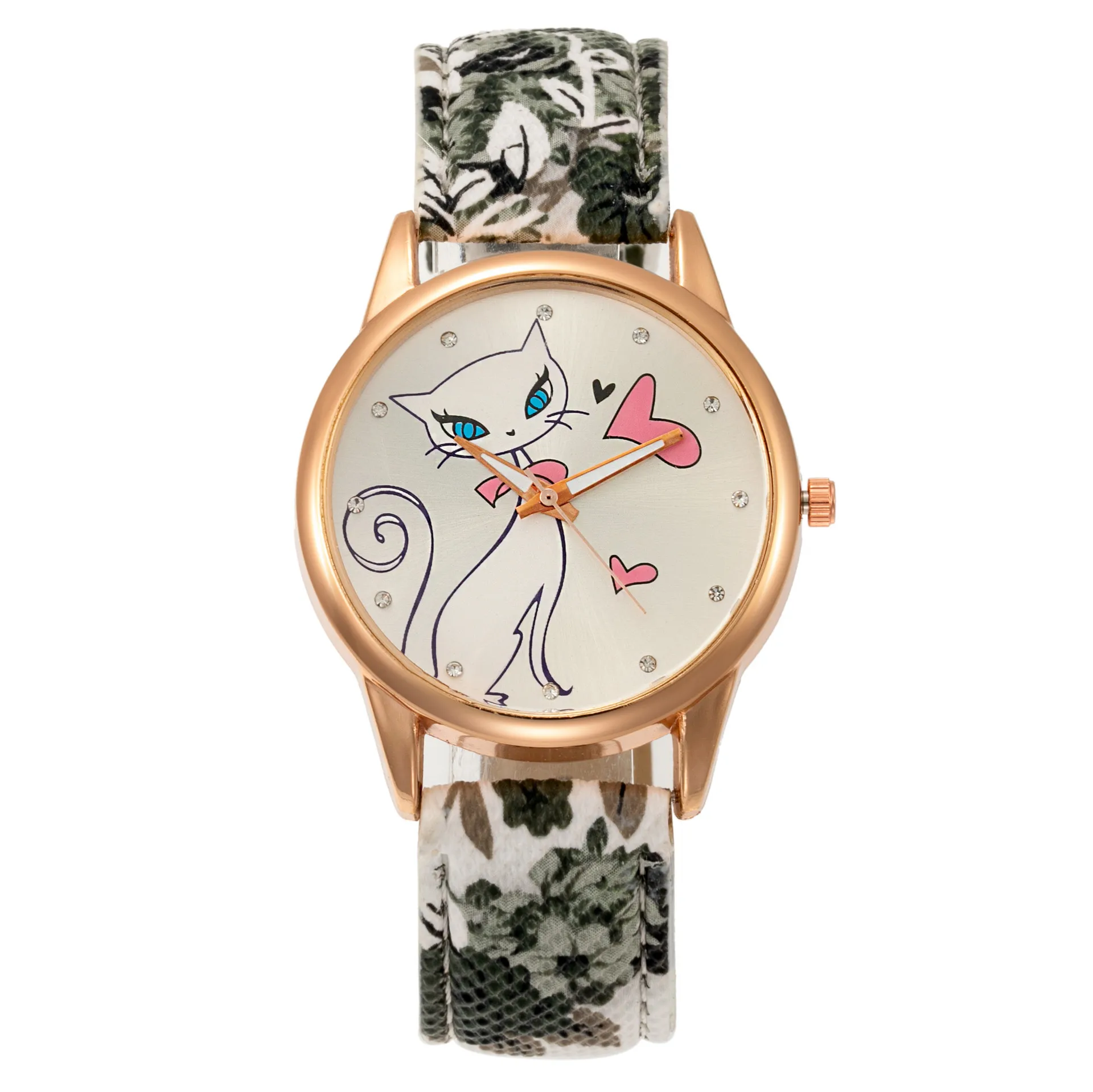 

No Logo Simple Women Leather Quartz Watch Cat Pattern Ladies Bracelet Wrist Watches Flower Leather Cute Watch