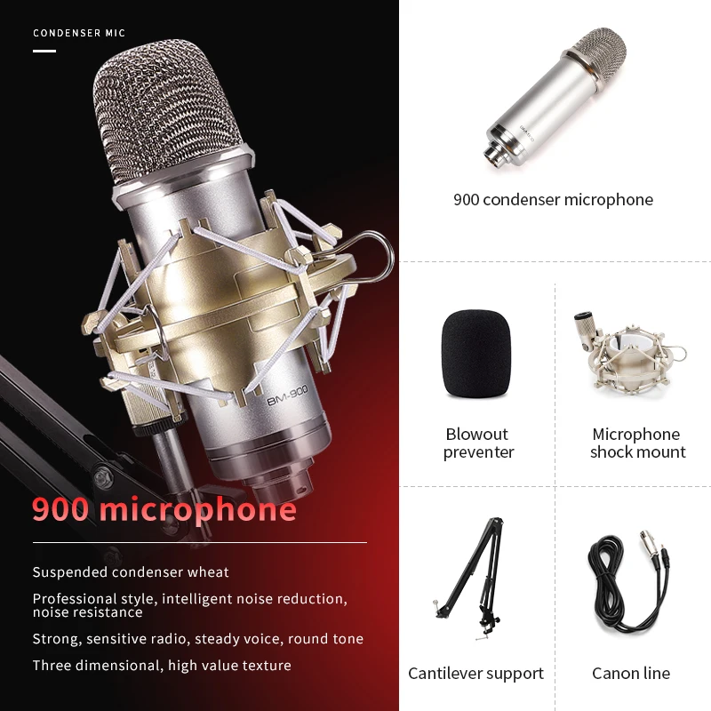 
High Sensitivity BM900 Podcast Studio Recording Electret Condenser Microphone On Live Professional Set Microfoon 