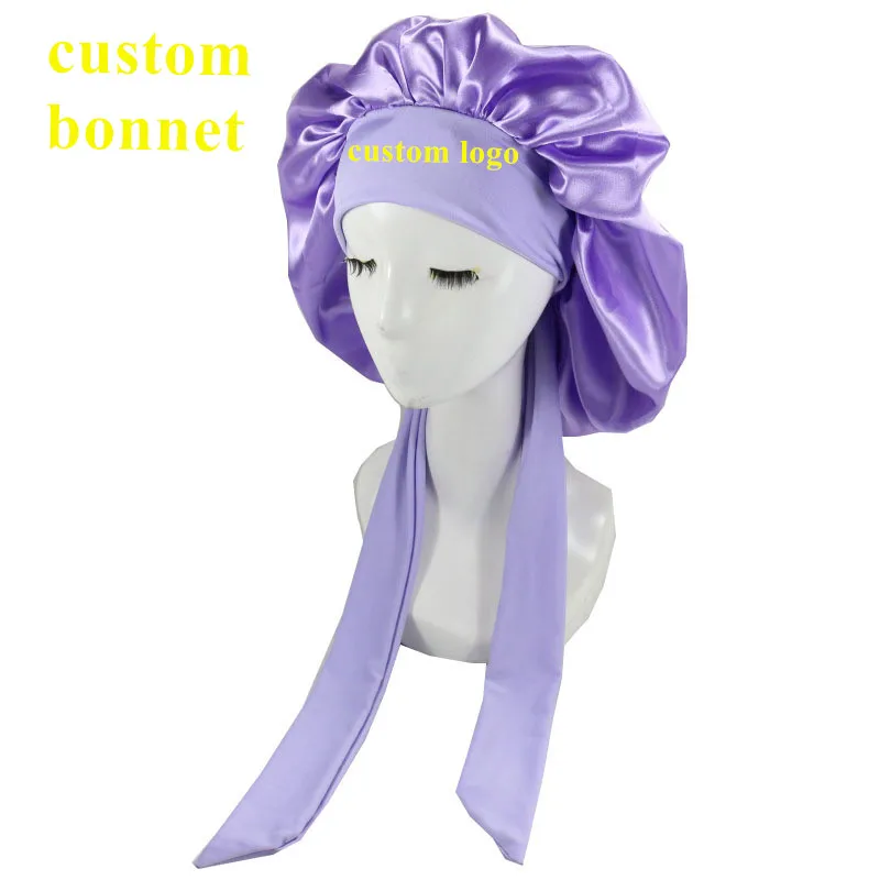 

Wholesale Reversible Designer Bonnet With Edge Wrap Long Band Satin Hair Bonnets and Hair Wrap Silk Custom Bonnet With Ties