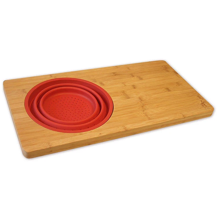 

New Design 18-inch Natural Color Home Kitchen Over Sink Bamboo Cutting Board with Safety Collapsible Silicone Colander