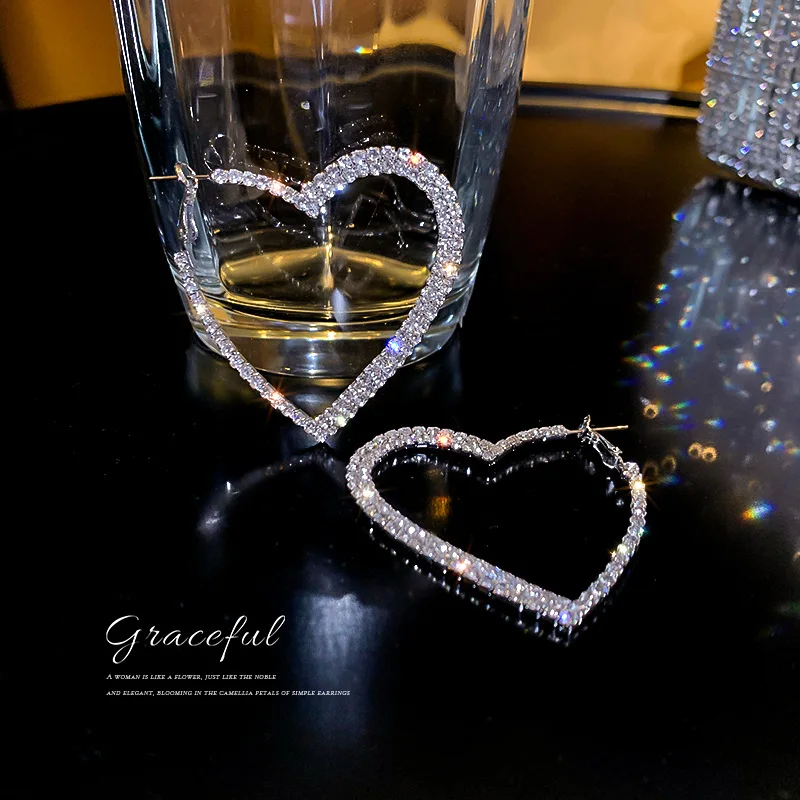 

new statement bling crystal big heart drop earrings