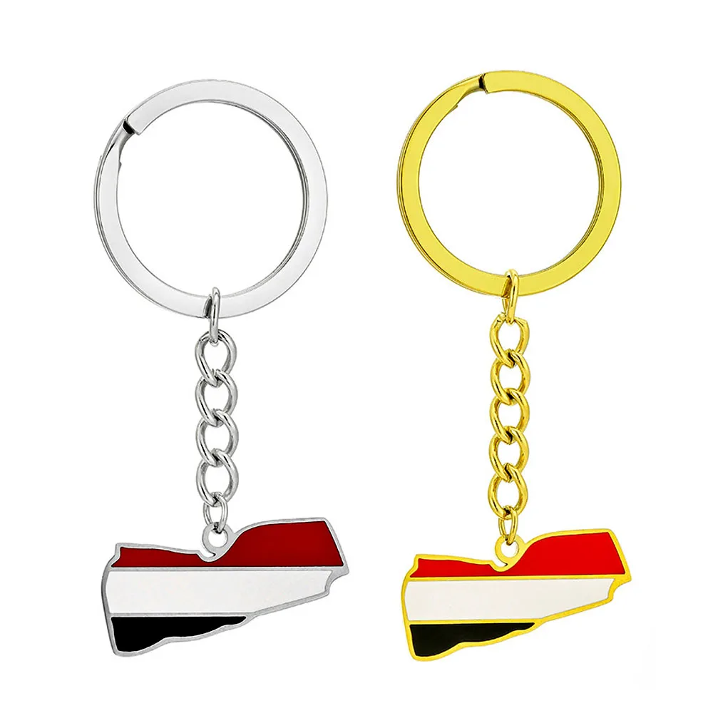 Stainless Steel Enamel Yemen Republic Country Flag Charm Keychain Key Ring 18K Gold Plated Enameled Yemen Map Pendant Key Chain
