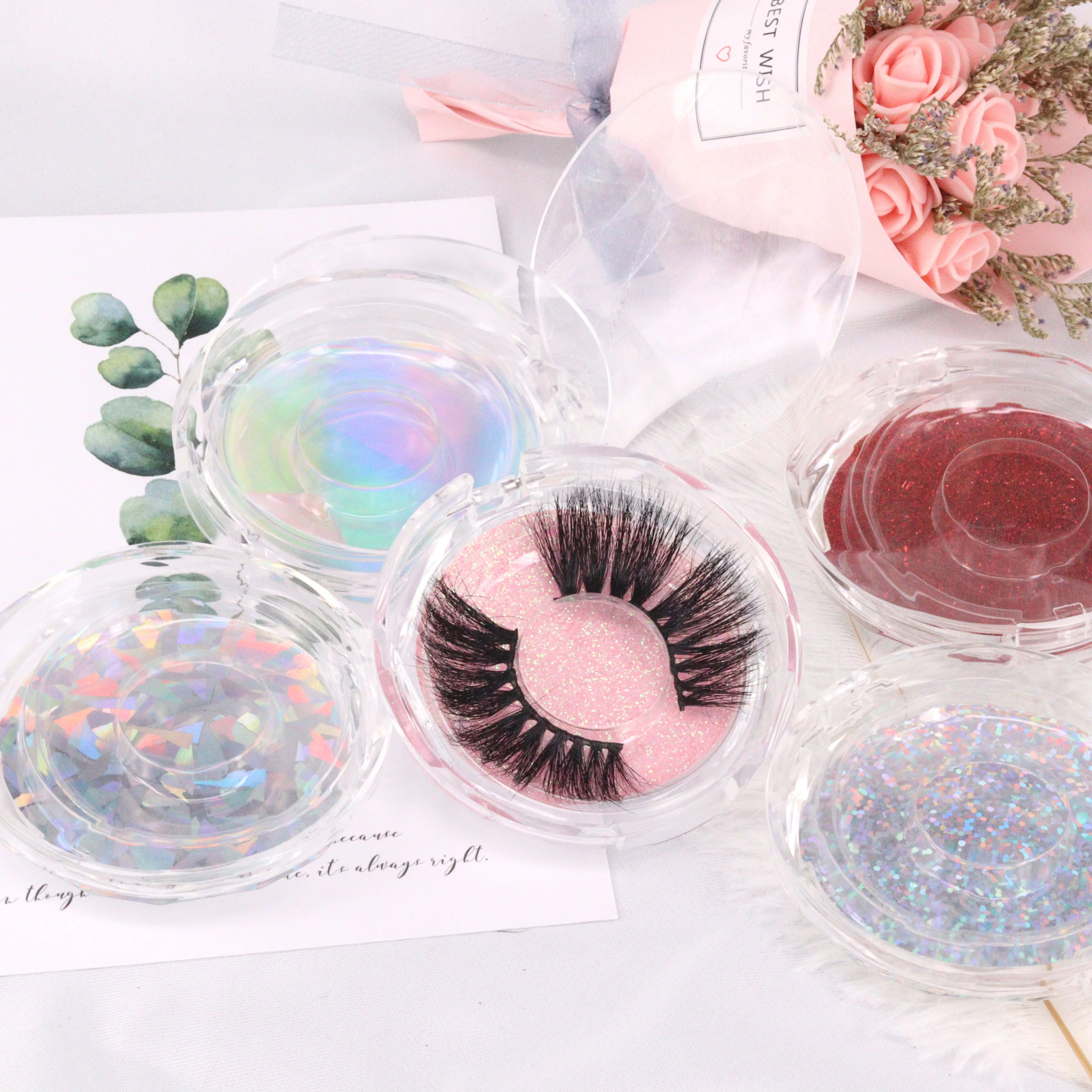 

Whosale Crystal Circle Shape Clear Plastic Eyelash Packaging Box With Private Logo And Stickers, Clear box with colorful card