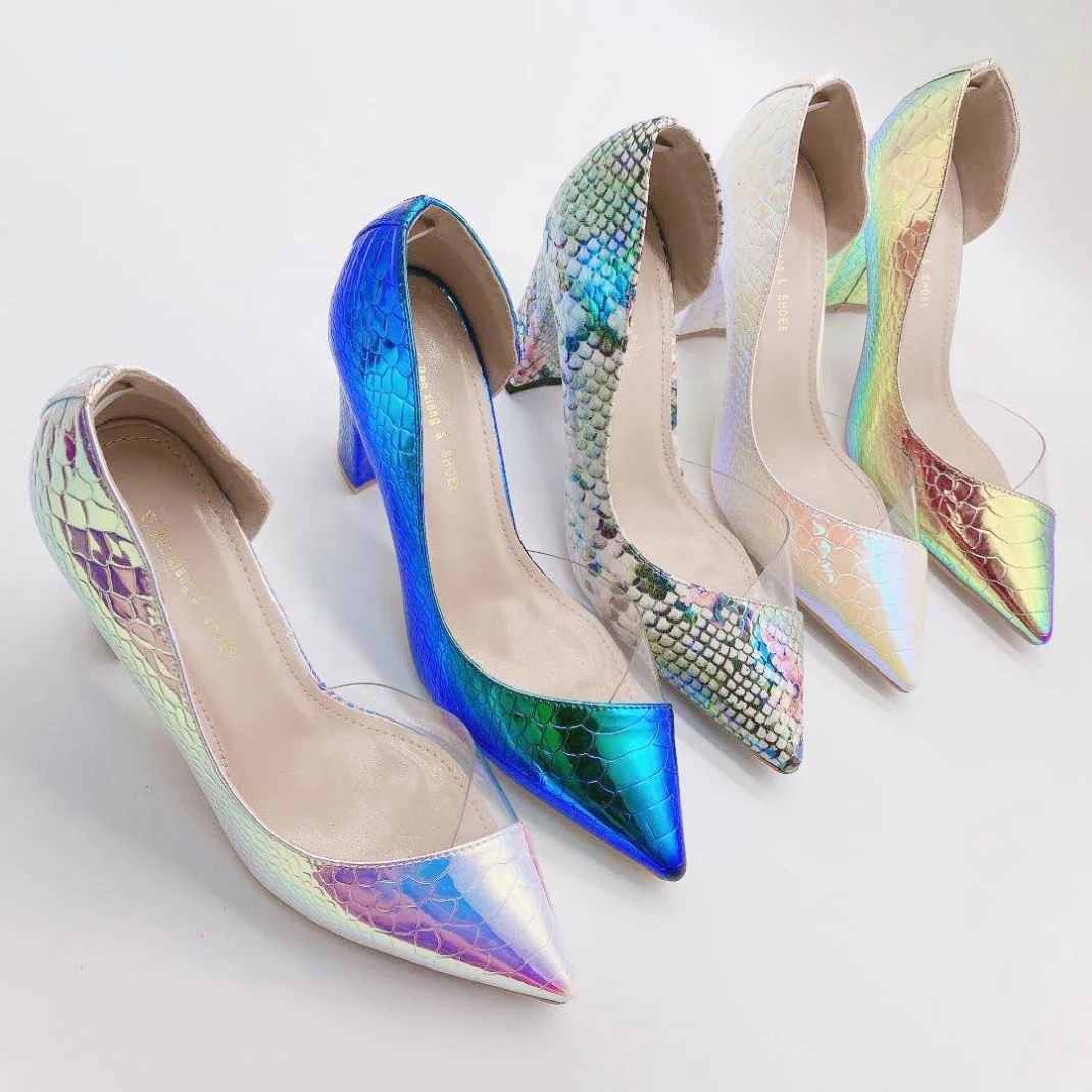 

Pointed Toe Sexy High Heel Sandals OVC Clear Upper Fish Scale Colorful Rainbow OEM Custom Pumps Stiletto Heeled Shoes Woman Gir