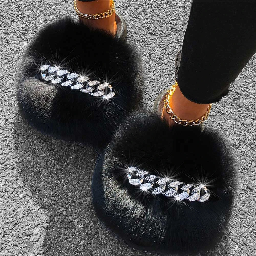 

High quality wholesale real soft fox fur slides for women slider fluffy outdoor sandals furry raccoon fur slippers, Customized color