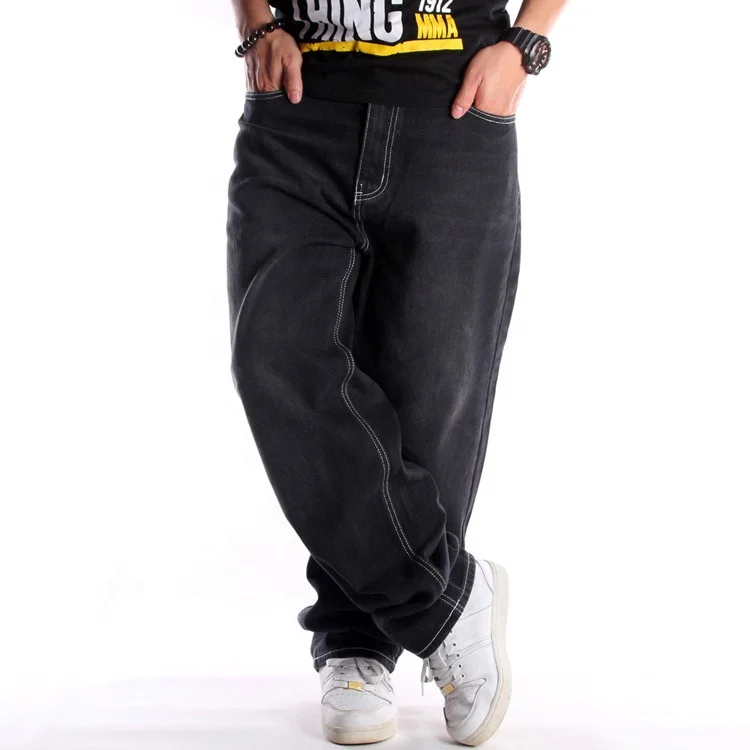 

Street Hip Hop Solid Color Jeans Fashion Washed Distressed Jeans Casual Loose Men's Jeans, Black