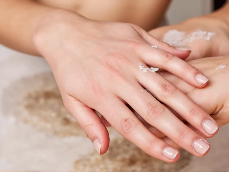 Applying sugar scrub on hands with circular motions