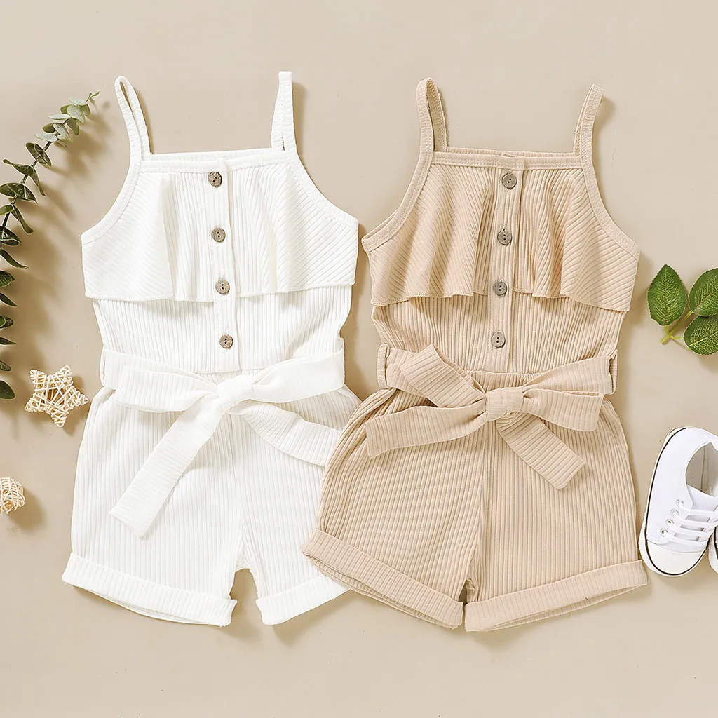 

Ribbed Knitted Toddler Romper Summer Infant Baby Girls Boys Solid Sleeveless Buttons Suspender Jumpsuit, As picture