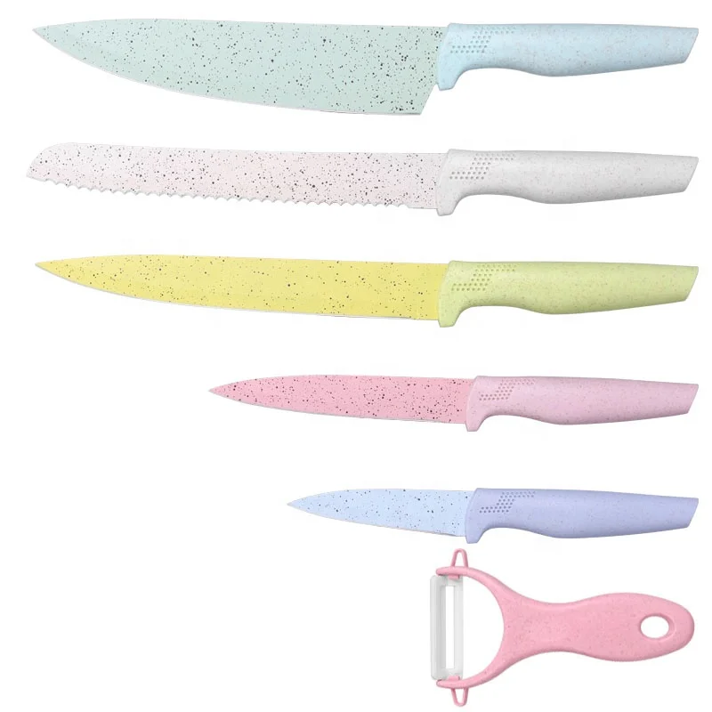 

2020 popular kitchen tools wheat straw non stick coating stainless steel multi color knife set with peeler