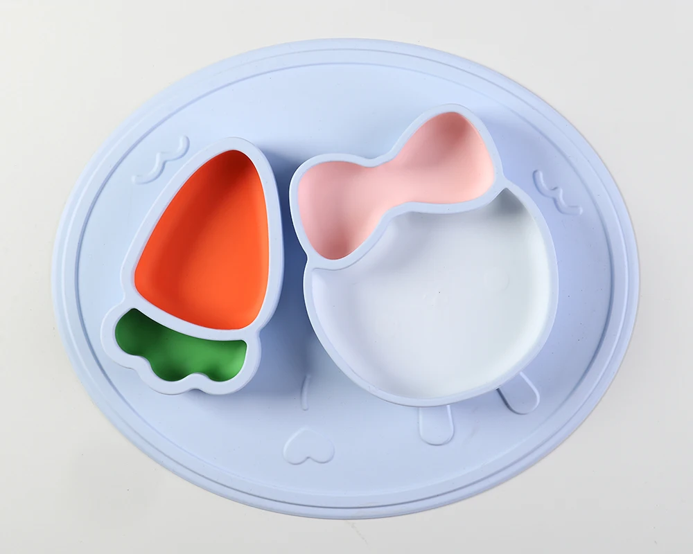 

Silicone Table Anti Slip Cute Eating Training Round Baby Plate, Blue&pink