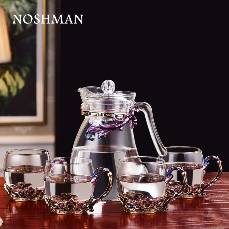 

Enamel Water Cup Set High End Household Cup Heat Resistant Glass Teacup and Teapot Set, Transparent