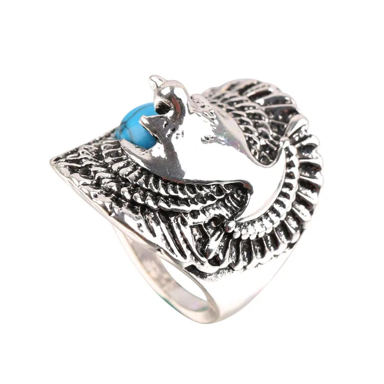 

Flying Eagle Natural Blue Stone Alloy Men's Jewelry Ring Wholesale Retro Artificial Turquoise Titanium Steel Ring, Platinum