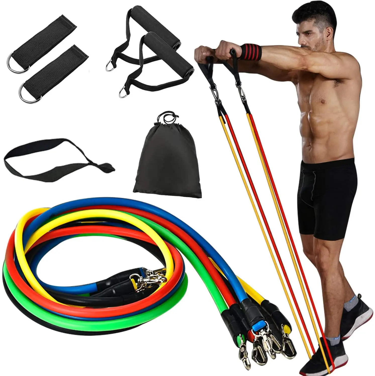 

Hot Sale Eco-friendly latex elastic pull up resistance band 11pc resistance band foam handles, Customized color